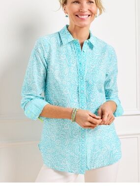 Talbots Plus Women’s Size 3X Modern Classic Blue White Paisley Shirt Button Up